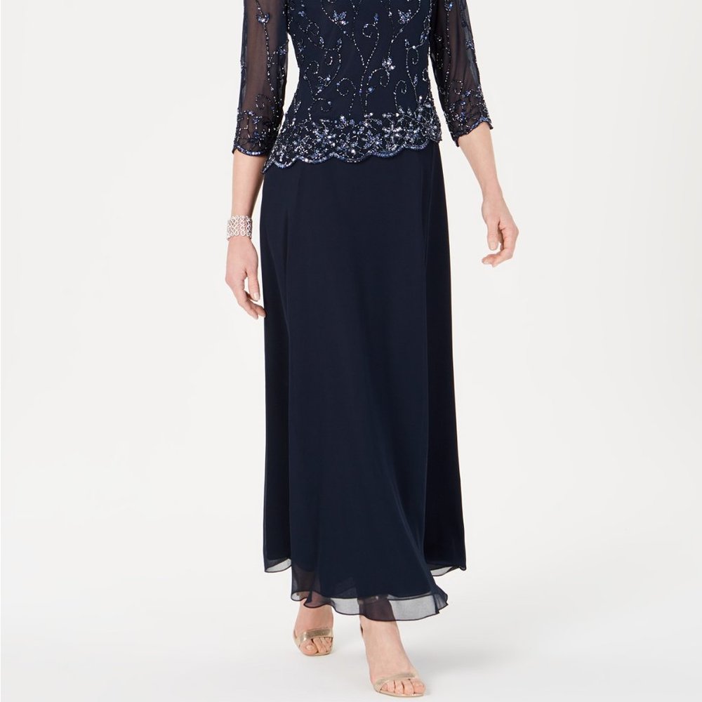 J Kara Beaded-Overlay Gown Navy Blue Size 8 - Picture 4 of 4